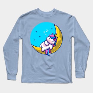 Cute Unicorn Sleeping On Moon Cartoon Long Sleeve T-Shirt